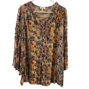 umgee USA Floral Bell Sleeve Ruffle V Neck‎ Blouse Boho Women's Medium
